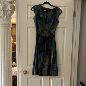Jolie Patterned Midi Dress in Blue and Green with Black Waist Tie